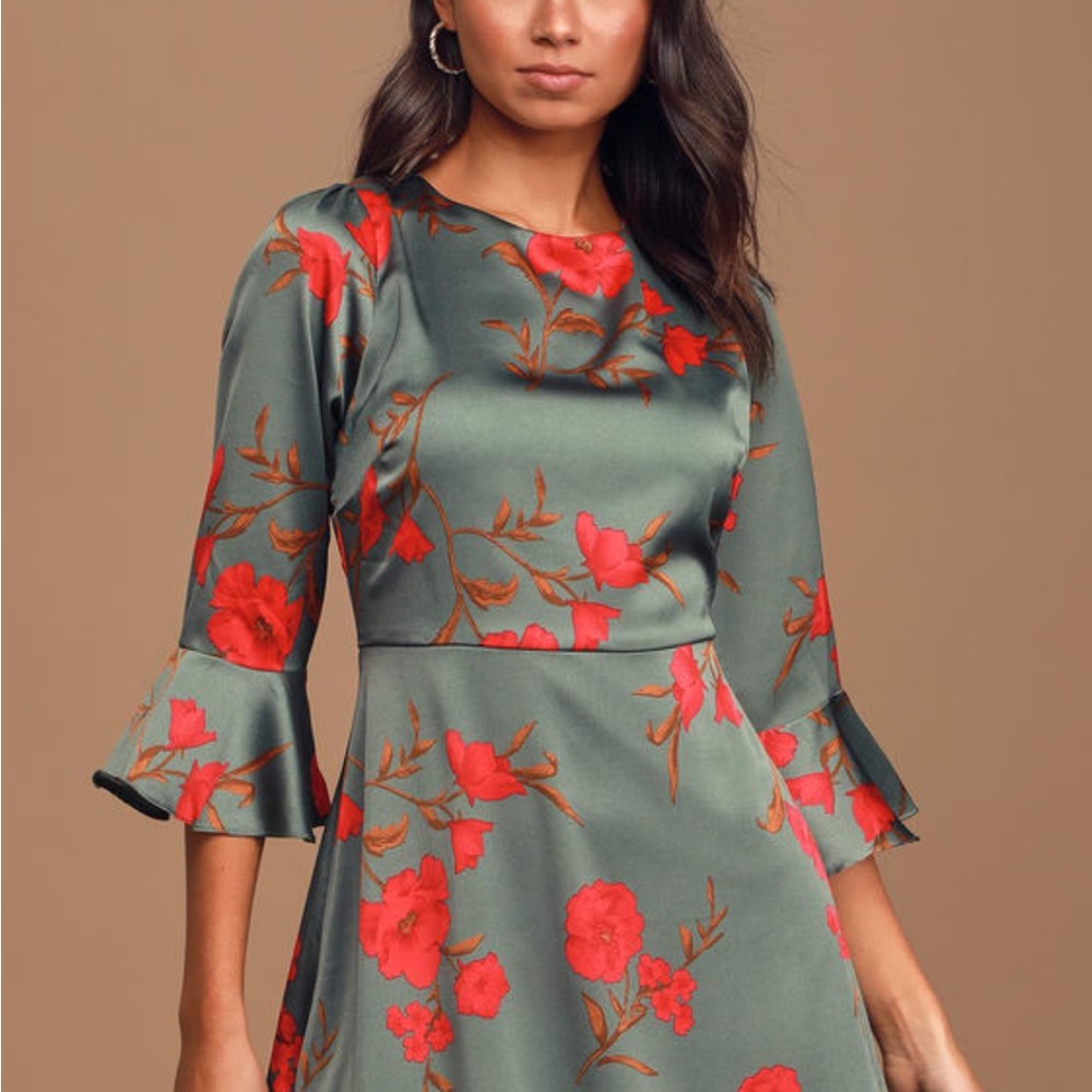 Lulus Flare Game Sage Green Floral Satin Flounce Sleeve Mini Dress - Picture 4 of 4
